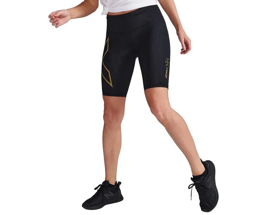 2XU WA6593B Light Speed Mid - Rise Women's Compression Shorts (Black/Gold Reflective) | Cycling Gears Hub - Cycling Gears Hub