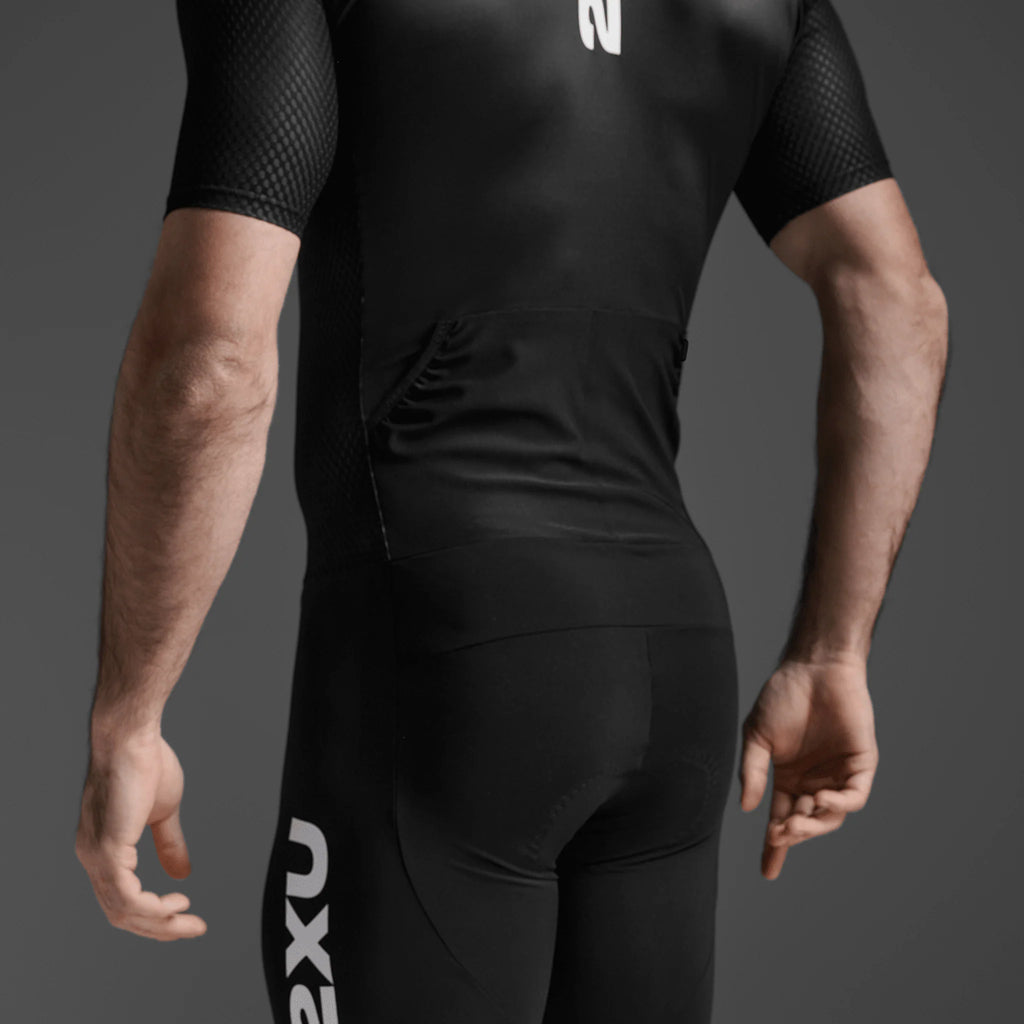 2XU Aero Hex Sleeved Trisuit Black White MT7394D Mens Triathlon Suit Compression Aero Race Wear