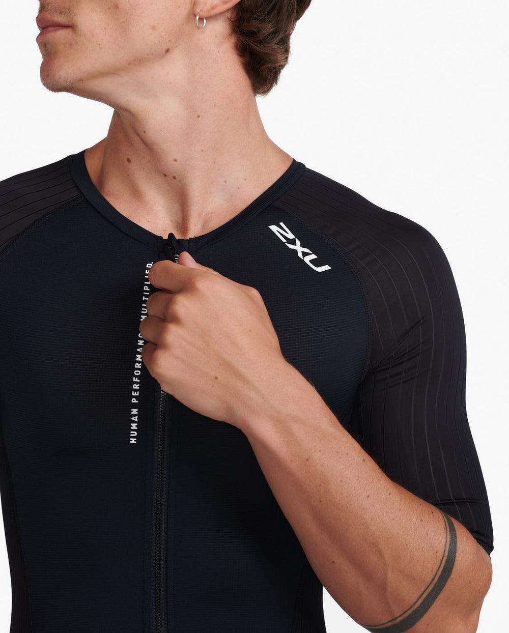 2XU MT6426D Aero Sleeved Men's Triathlon Suit (Black/White) | Cycling Gears Hub