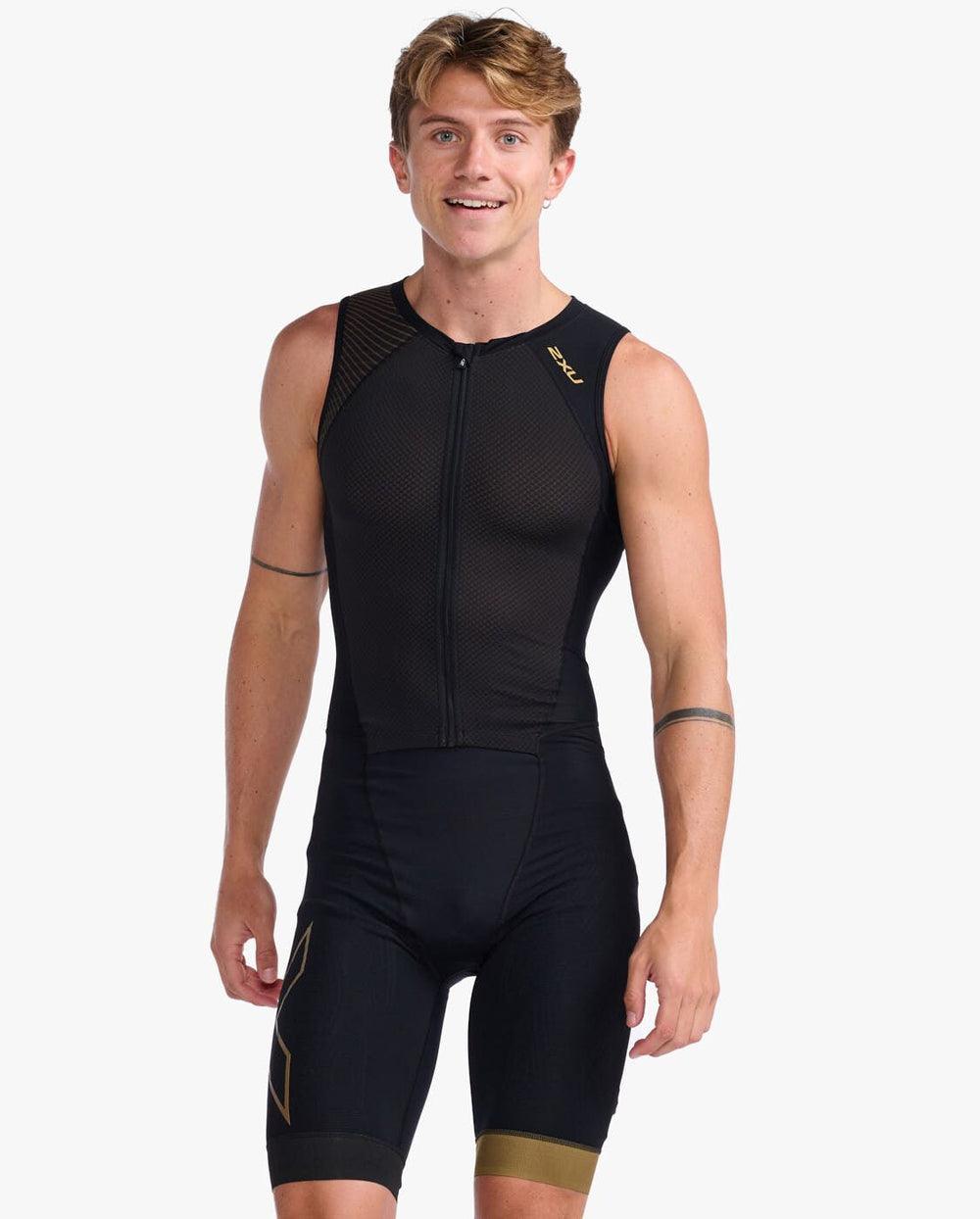 2XU MT6660D Light Speed Front Zip Men's Triathlon Suit (Black/Gold) | Cycling Gears Hub