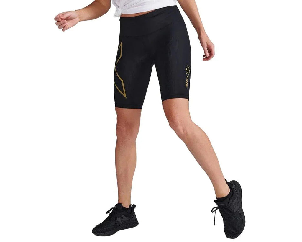 2XU WA6593B Light Speed Mid-Rise Women's Compression Shorts (Black/Gold Reflective) | Cycling Gears Hub