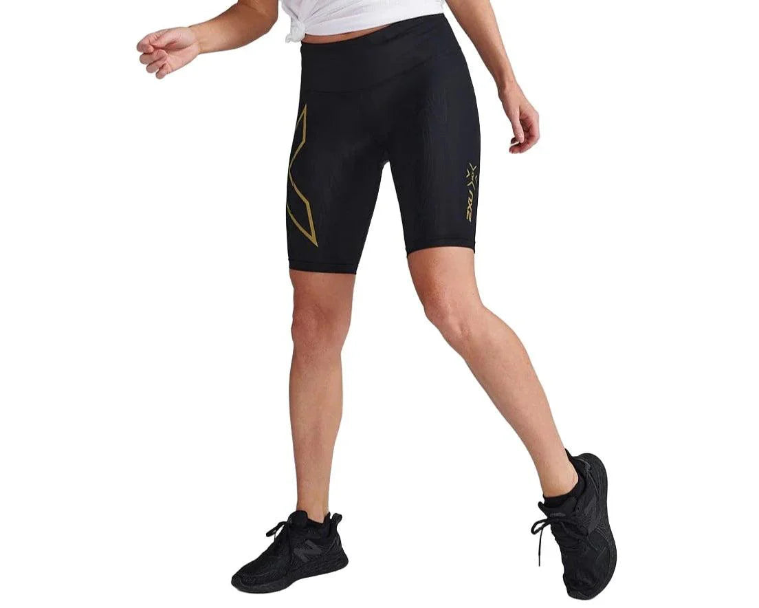 2XU WA6593B Light Speed Mid-Rise Women's Compression Shorts (Black/Gold Reflective) | Cycling Gears Hub