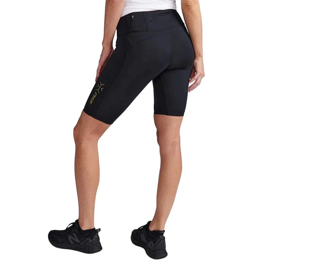 2XU WA6593B Light Speed Mid-Rise Women's Compression Shorts (Black/Gold Reflective) | Cycling Gears Hub