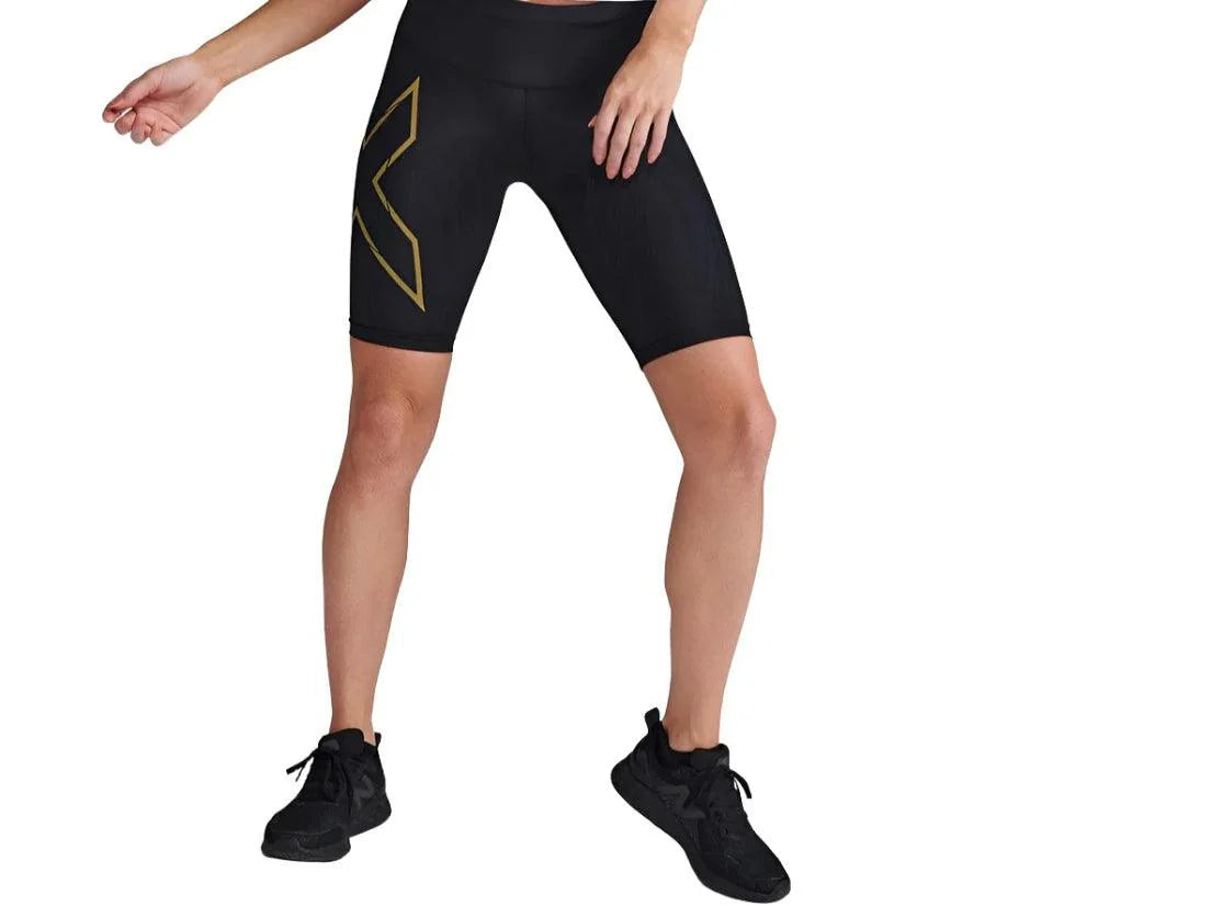 2XU WA6593B Light Speed Mid-Rise Women's Compression Shorts (Black/Gold Reflective) | Cycling Gears Hub