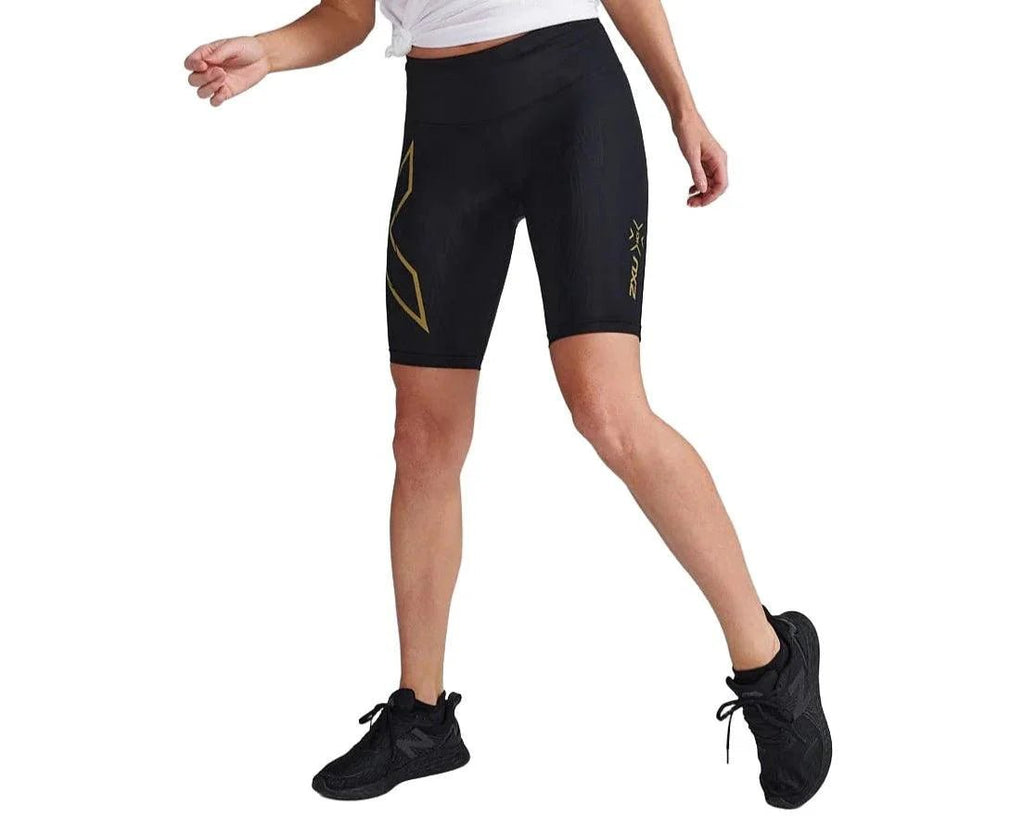 2XU WA6593B Light Speed Mid - Rise Women's Compression Shorts (Black/Gold Reflective) | Cycling Gears Hub - Cycling Gears Hub