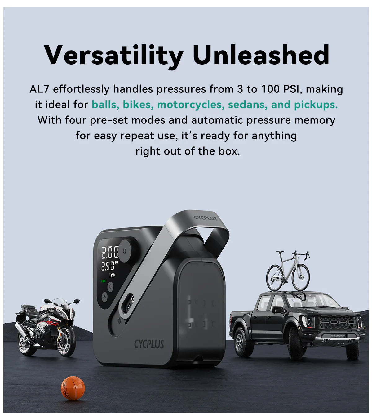 CYCPLUS AL7 Portable Electric Air Pump – 100 PSI Rechargeable Tire Inflator
