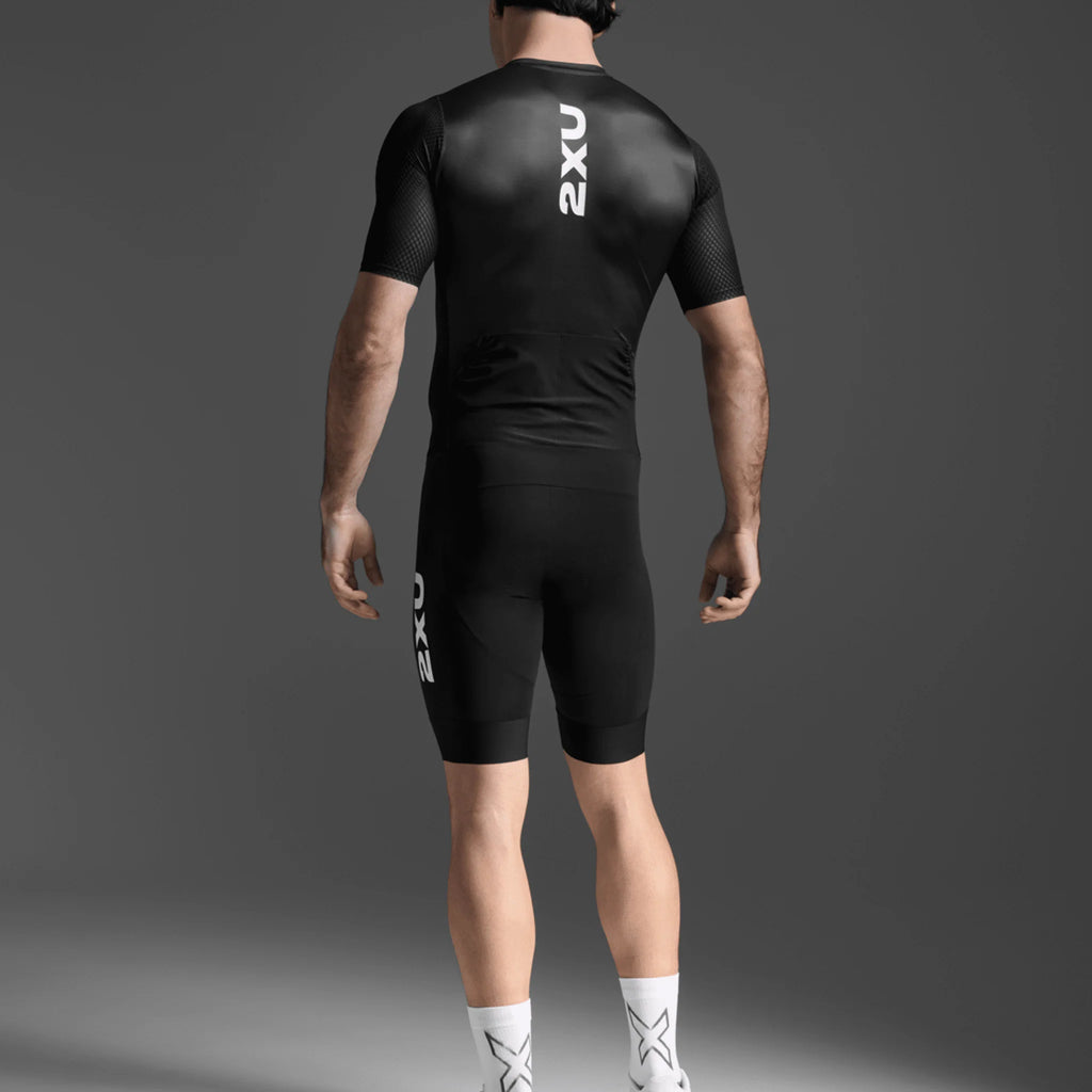 2XU Aero Hex Sleeved Trisuit Black White MT7394D Mens Triathlon Suit Compression Aero Race Wear