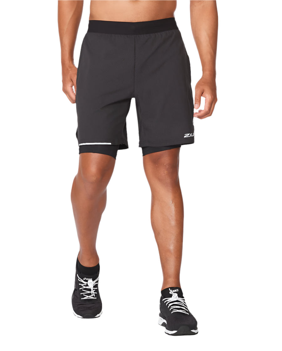 2XU MR6536B Aero 2 in 1 7 Inch Men's Running Shorts (Black/Silver Reflective) | Cycling Gears Hub