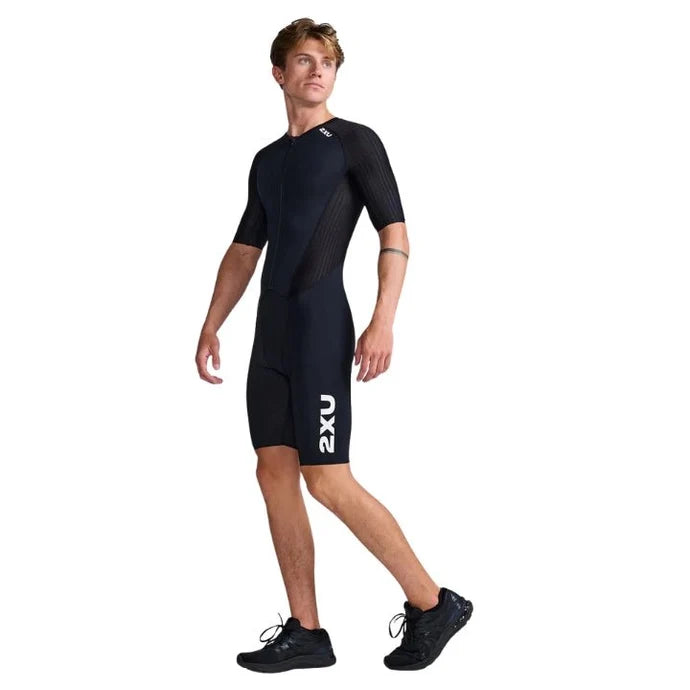 2XU Aero Sleeved Men's Best Triathlon Suit (Black/White) | Cycling Gears Hub