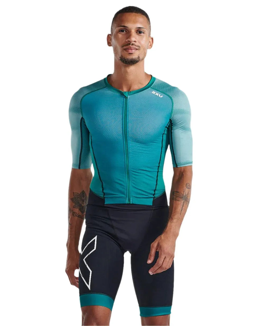 2XU MT7019D Light Speed Front Zip Men's Triathlon Suit (Forest Green/Raft) | Cycling Gears Hub