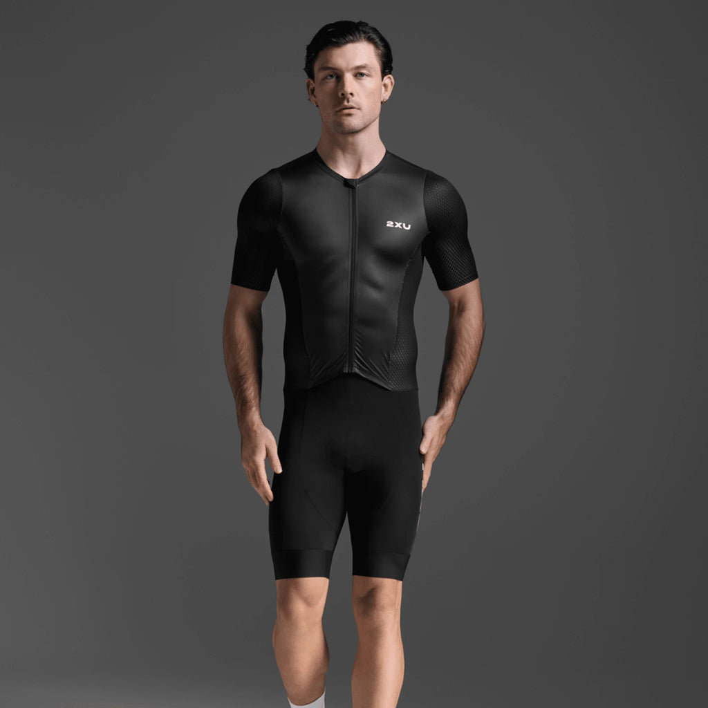 2XU Aero Hex Sleeved Trisuit Black White MT7394D Mens Triathlon Suit Compression Aero Race Wear
