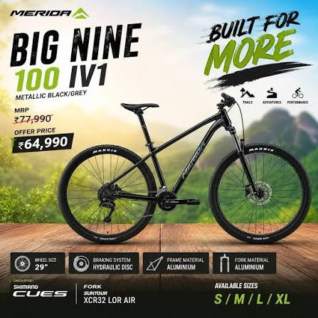 Merida Big.Nine 100 IV1 Hardtail Mountain Bike – Metallic Black/Grey, 29er Aluminium Frame
 | Cycling Gears Hub