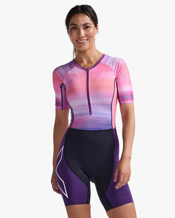 2XU WT6431D Aero Sleeved Women's Triathlon Suit (Pastel Pink/Acai) | Cycling Gears Hub