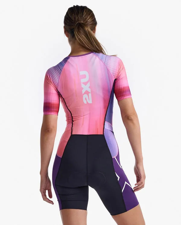 2XU WT6431D Aero Sleeved Women's Triathlon Suit (Pastel Pink/Acai) | Cycling Gears Hub