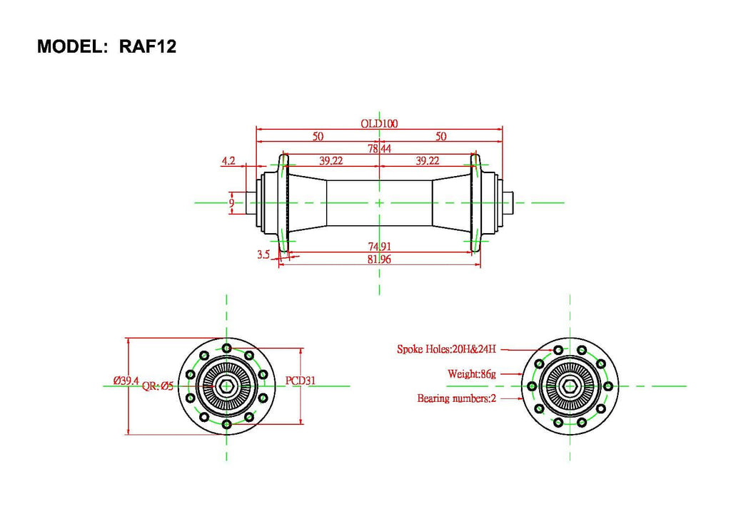 Bitex RAF12 Rim Brake Front Hub (Black) | Cycling Gears Hub - Cycling Gears Hub
