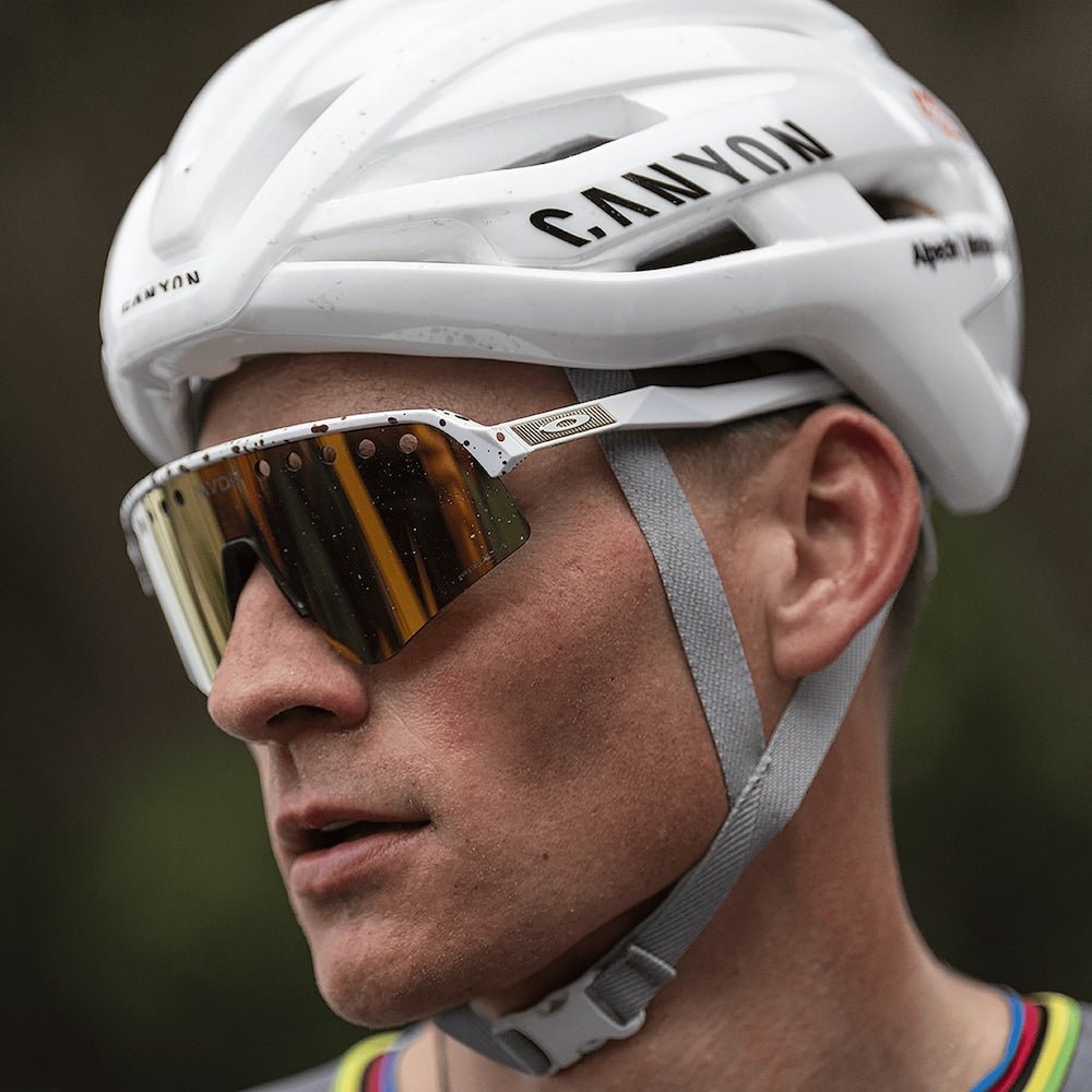 Oakley sunglass Mathieu Van Der Poel Signature Series Sutro Lite Sweep prizm 24k Lenses with red/gold splatter Frame - Cycling Gears Hub