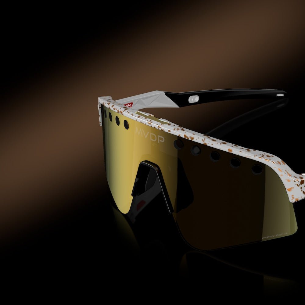 Oakley sunglass Mathieu Van Der Poel Signature Series Sutro Lite Sweep prizm 24k Lenses with red/gold splatter Frame - Cycling Gears Hub