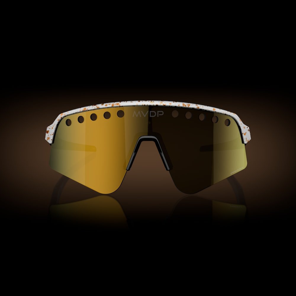 Oakley sunglass Mathieu Van Der Poel Signature Series Sutro Lite Sweep prizm 24k Lenses with red/gold splatter Frame - Cycling Gears Hub