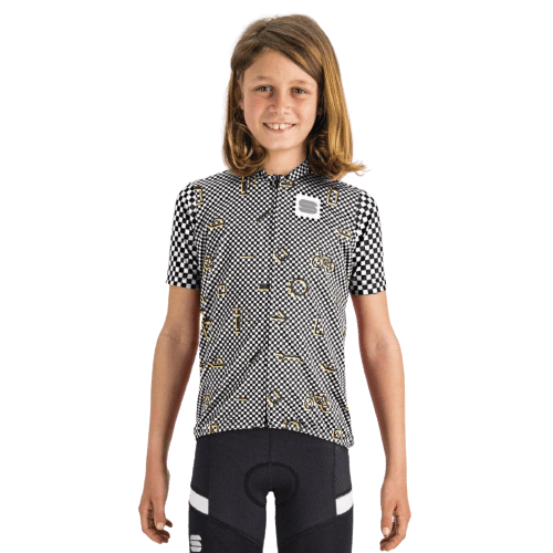 Sportful Checkmate Kids Cycling Jersey (Black/White/Cedar) | Cycling Gears Hub - Cycling Gears Hub