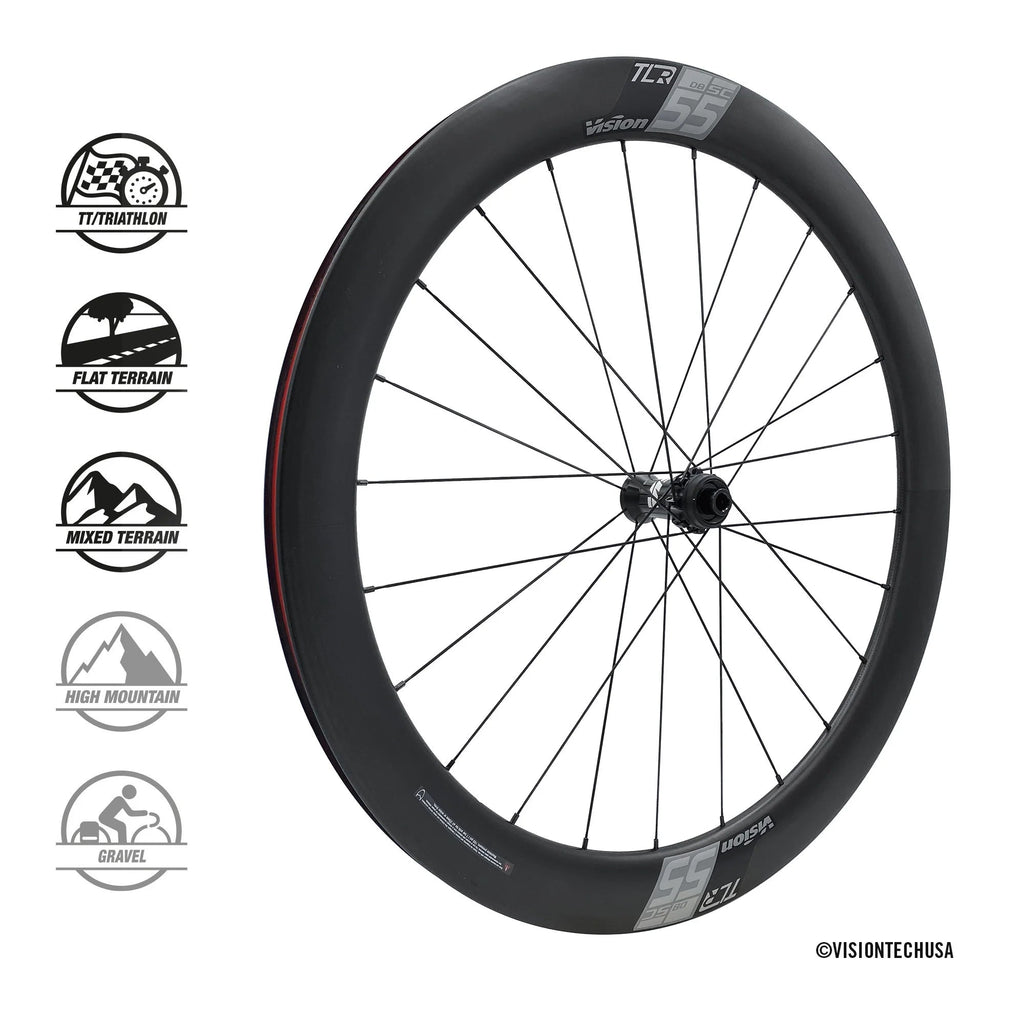Vision SC 55 Carbon Disc Wheelset – Tubeless - Ready, 55mm Aero Profile, Shimano/SRAM Compatible - Cycling Gears Hub