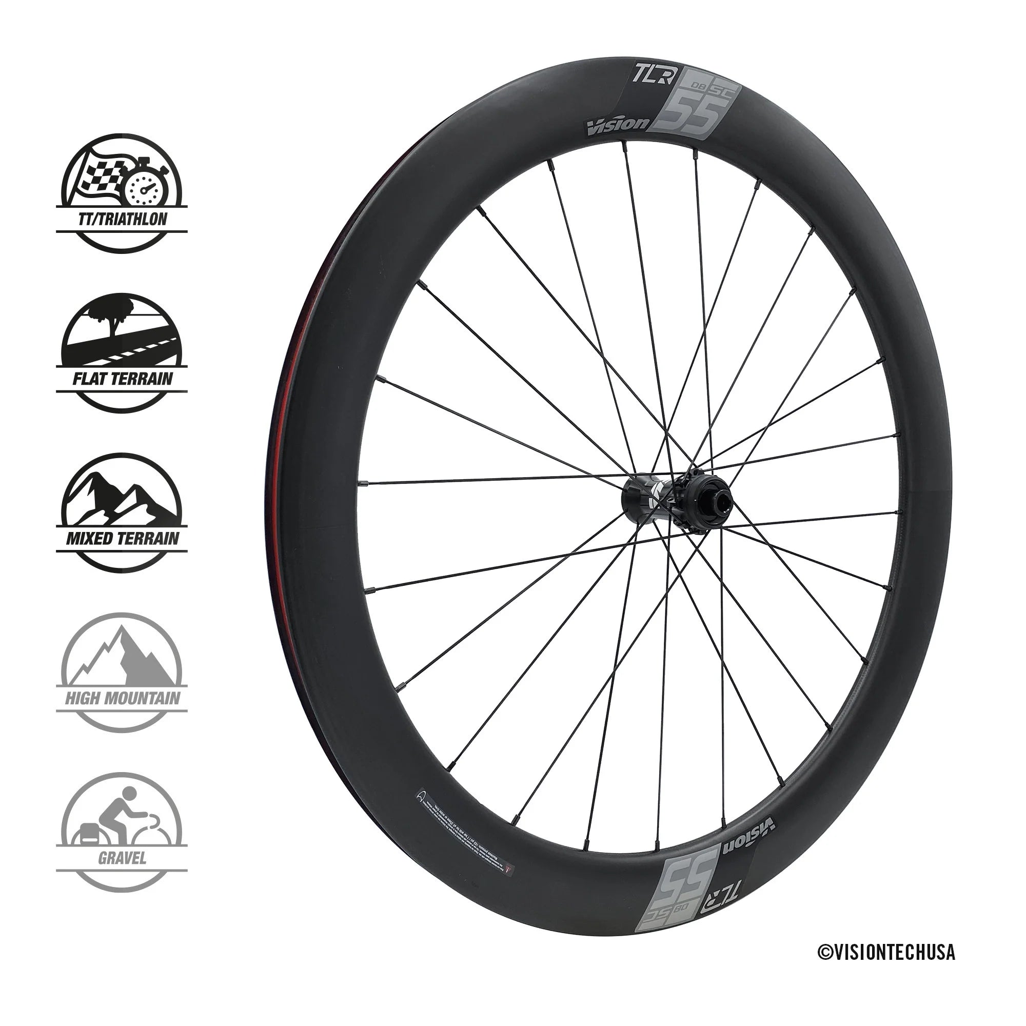 Vision SC 55 Carbon Disc Wheelset – Tubeless - Ready, 55mm Aero Profile, Shimano/SRAM Compatible - Cycling Gears Hub