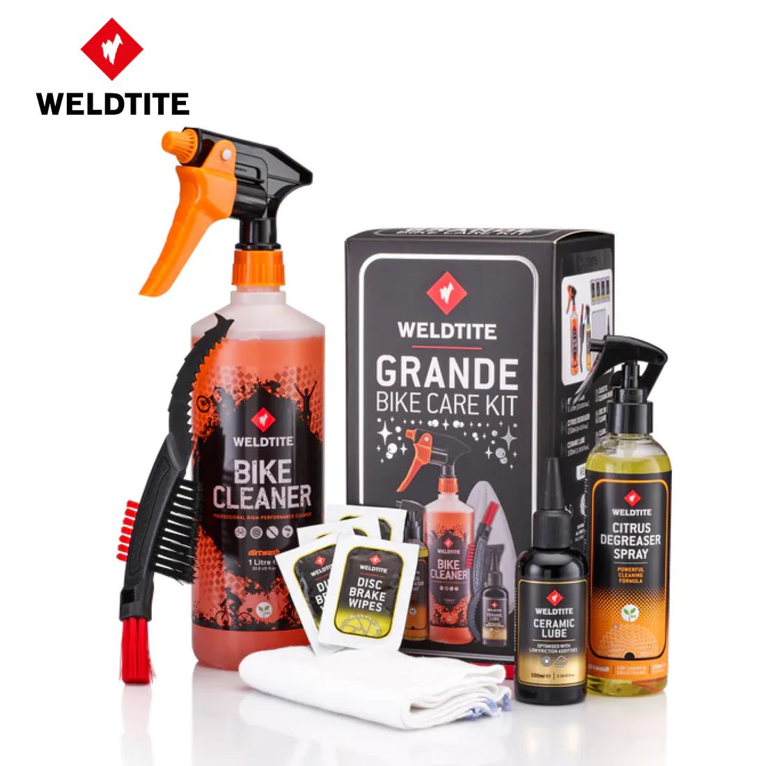 Weldtite Grande Bike Care Kit – Complete Cleaning & Lubrication Set for Pro - Grade Maintenance Includes Bike Cleaner, Citrus Degreaser, Ceramic Lube, Tools & Wipes | Ideal for Road, MTB & Gravel Bikes - Cycling Gears Hub