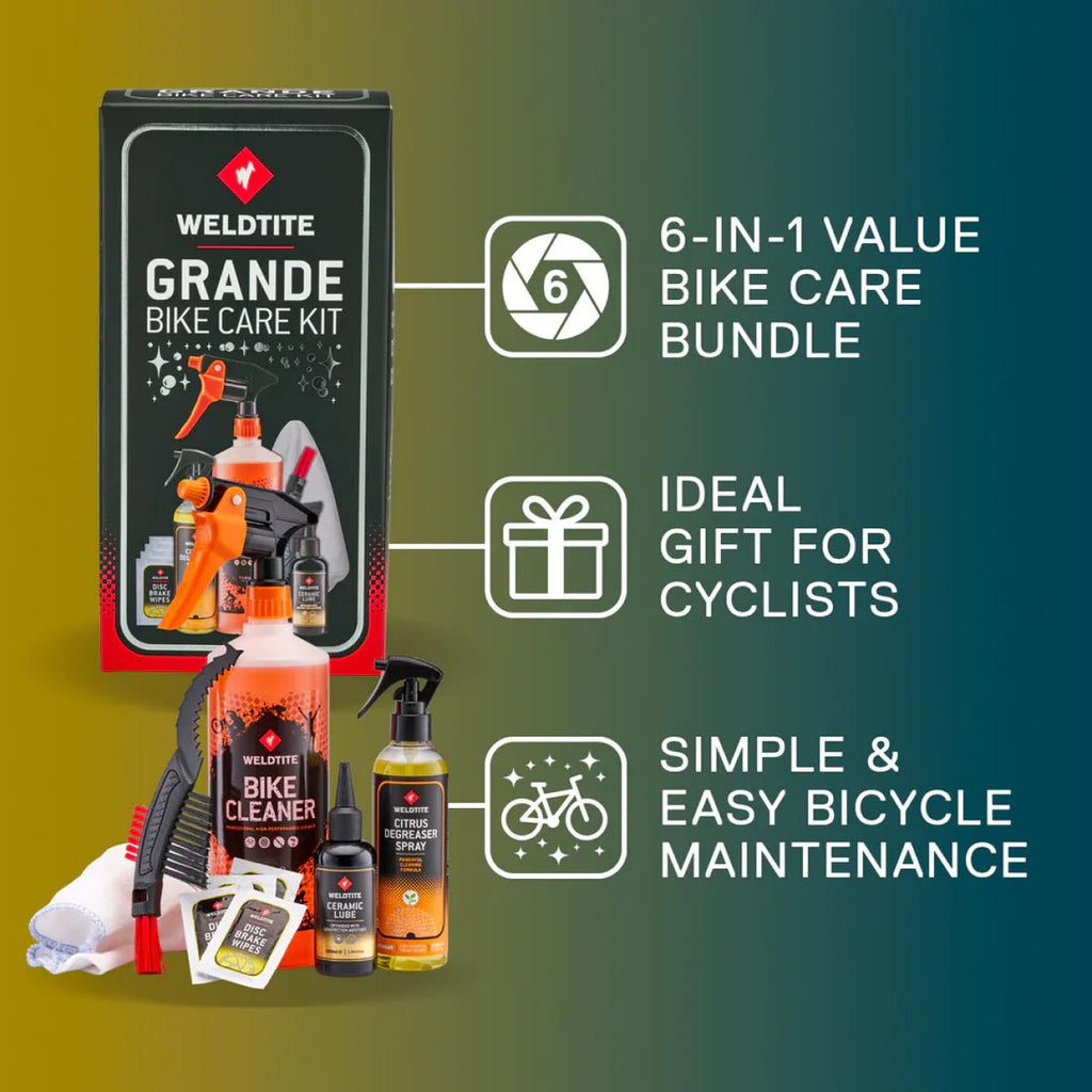 Weldtite Grande Bike Care Kit – Complete Cleaning & Lubrication Set for Pro - Grade Maintenance Includes Bike Cleaner, Citrus Degreaser, Ceramic Lube, Tools & Wipes | Ideal for Road, MTB & Gravel Bikes - Cycling Gears Hub