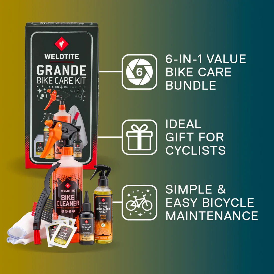 Weldtite Grande Bike Care Kit – Complete Cleaning & Lubrication Set for Pro - Grade Maintenance Includes Bike Cleaner, Citrus Degreaser, Ceramic Lube, Tools & Wipes | Ideal for Road, MTB & Gravel Bikes - Cycling Gears Hub